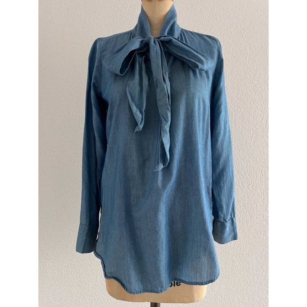 Loft Chambray Blue Pussybow Long Sleeve Top Women’s Size XS